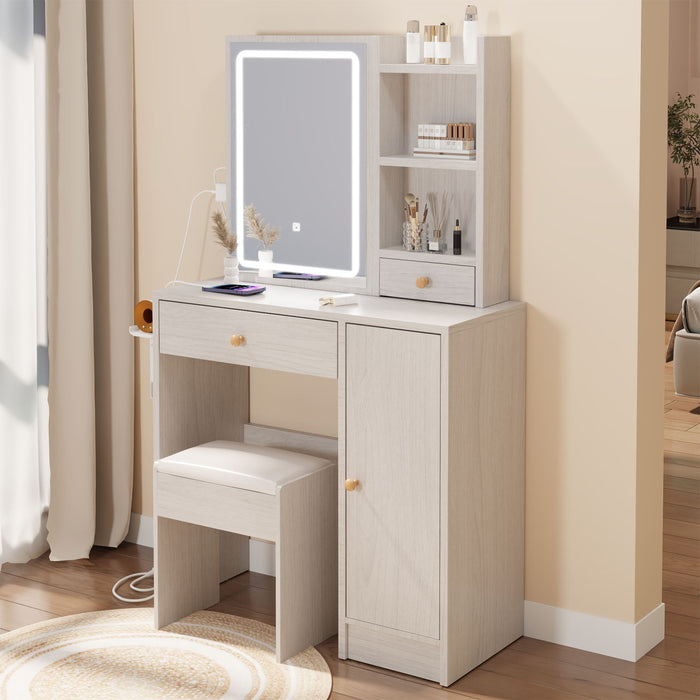 Right Cabinet Desktop Vanity Table / Cushioned Stool, With 2 AC Power / 2 USB Socket, Extra Large Sliding LED Mirror, Tri-Color, Brightness Adjustable, Large Desktop, High Capacity Multi-Layer Storage