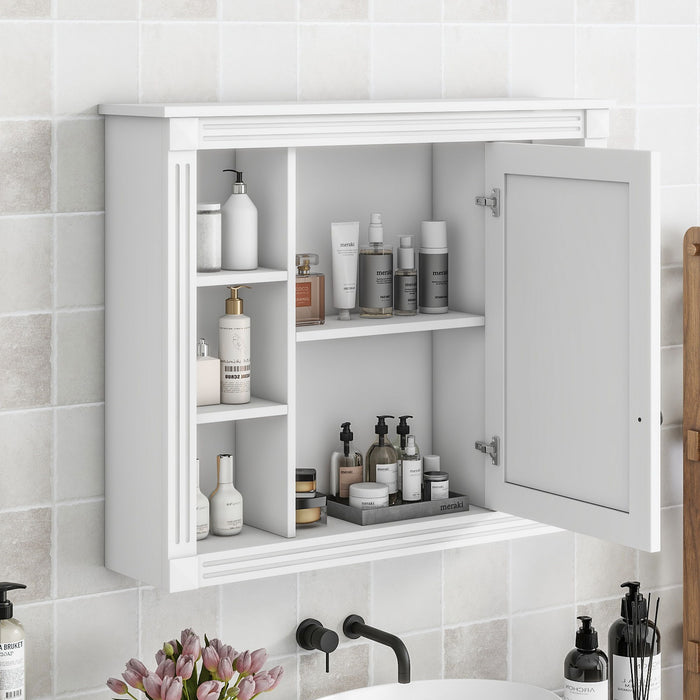 Wall Mounted Bathroom Storage Cabinet, Modern Bathroom Wall Cabinet With Mirror, Mirror Cabinet With 6 Open Shelves (Not Include Bathroom Vanity) - White