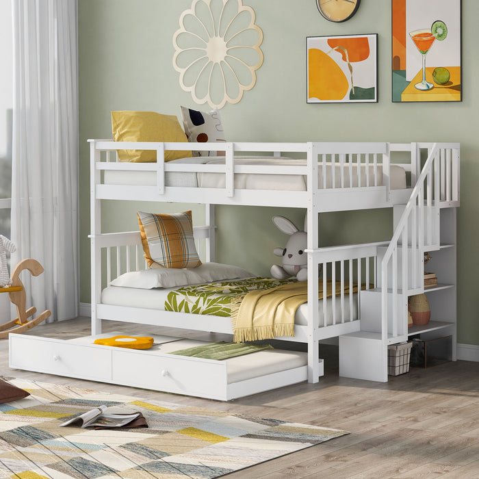 Stairway Full Over Full Bunk Bed With Twin Size Trundle, Storage And Guard Rail For Bedroom, Dorm White