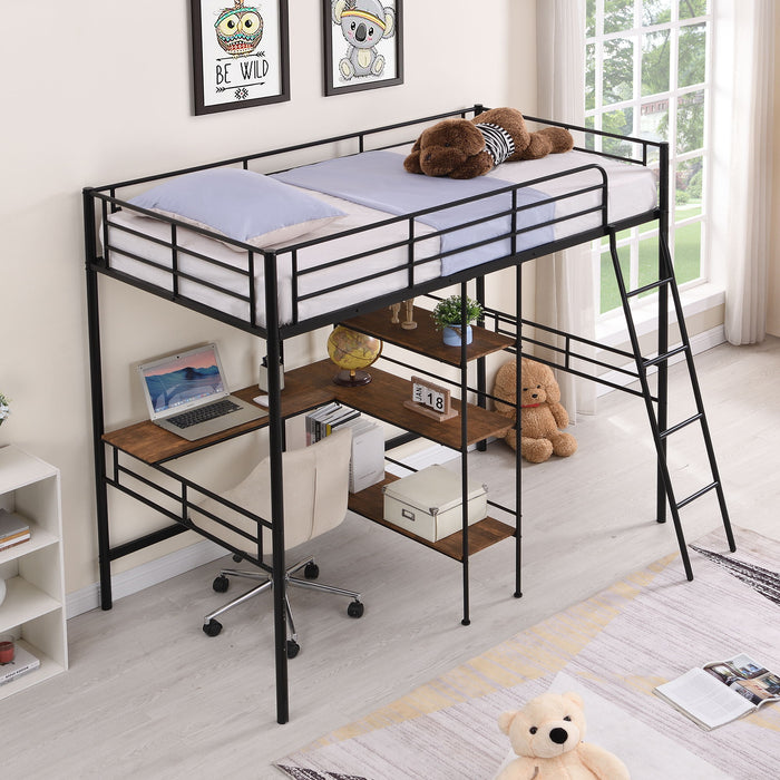 Twin Size Metal Loft Bed And Built In Desk And Shelves, Black